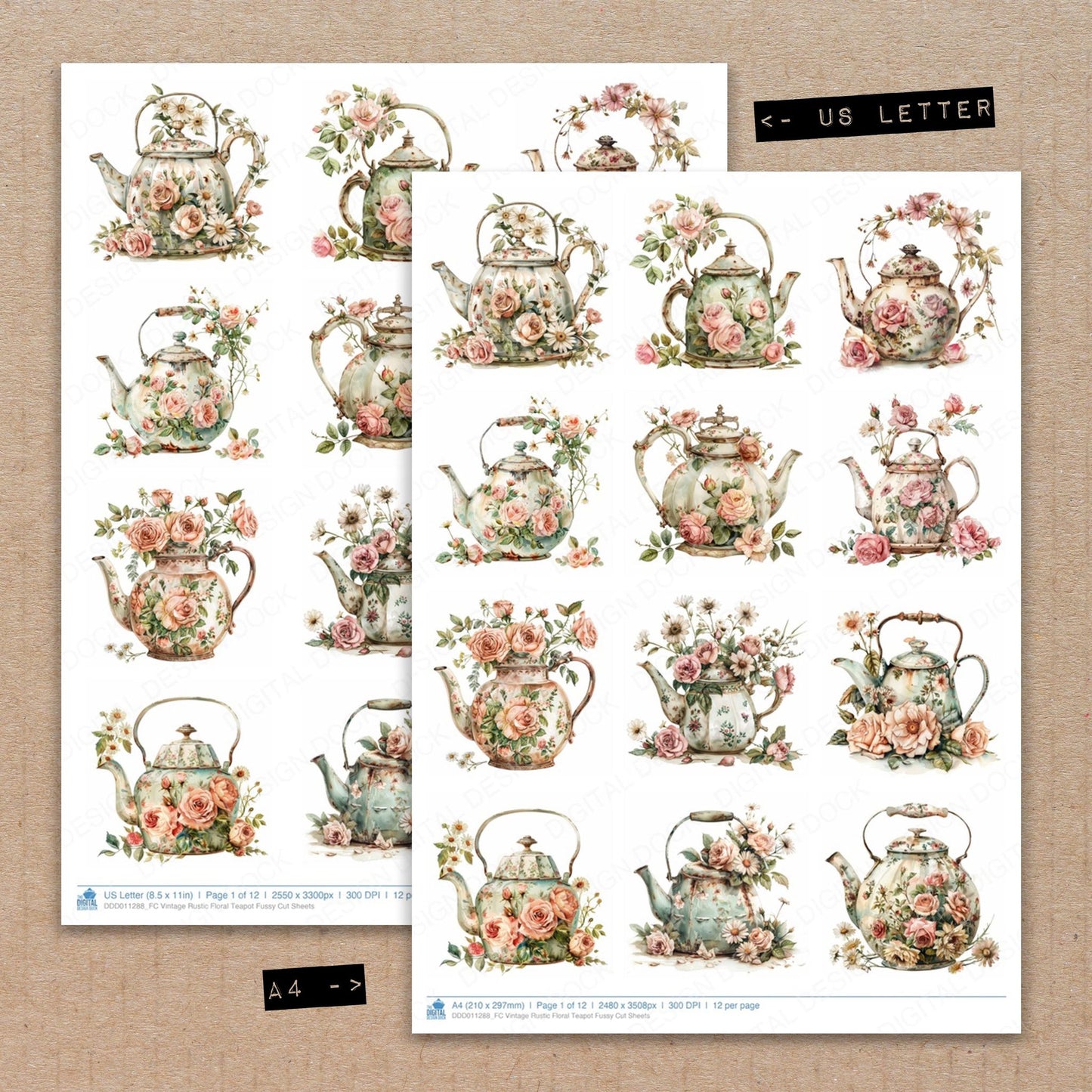 A4 and US Letter format comparison showing Vintage Rustic Floral Teapot fussy cut pages for print and cut crafting