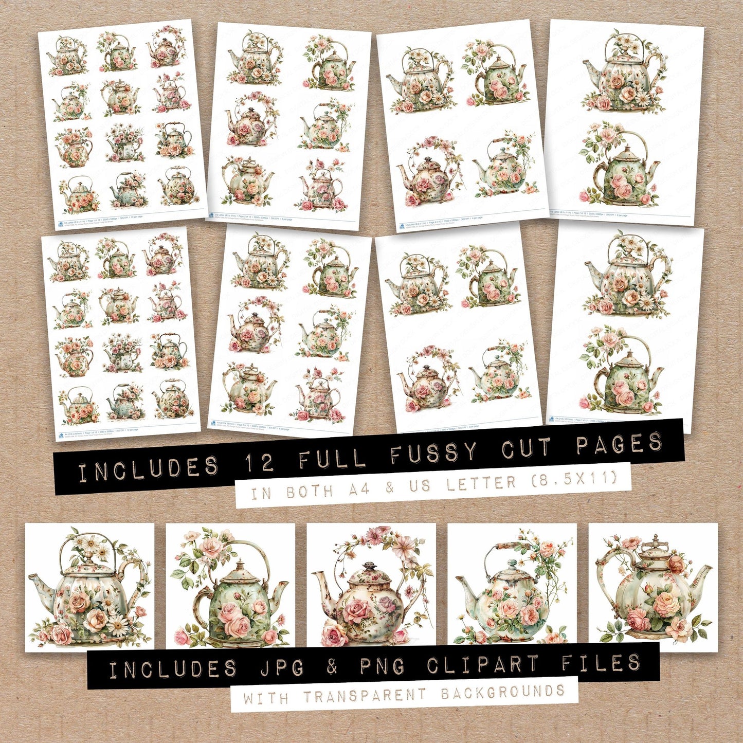 Full collection view of Vintage Rustic Floral Teapot fussy cut sheets with bonus clipart JPG and PNG files