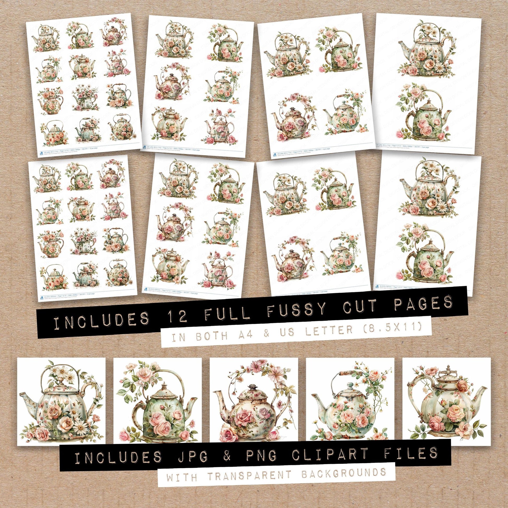Full collection view of Vintage Rustic Floral Teapot fussy cut sheets with bonus clipart JPG and PNG files
