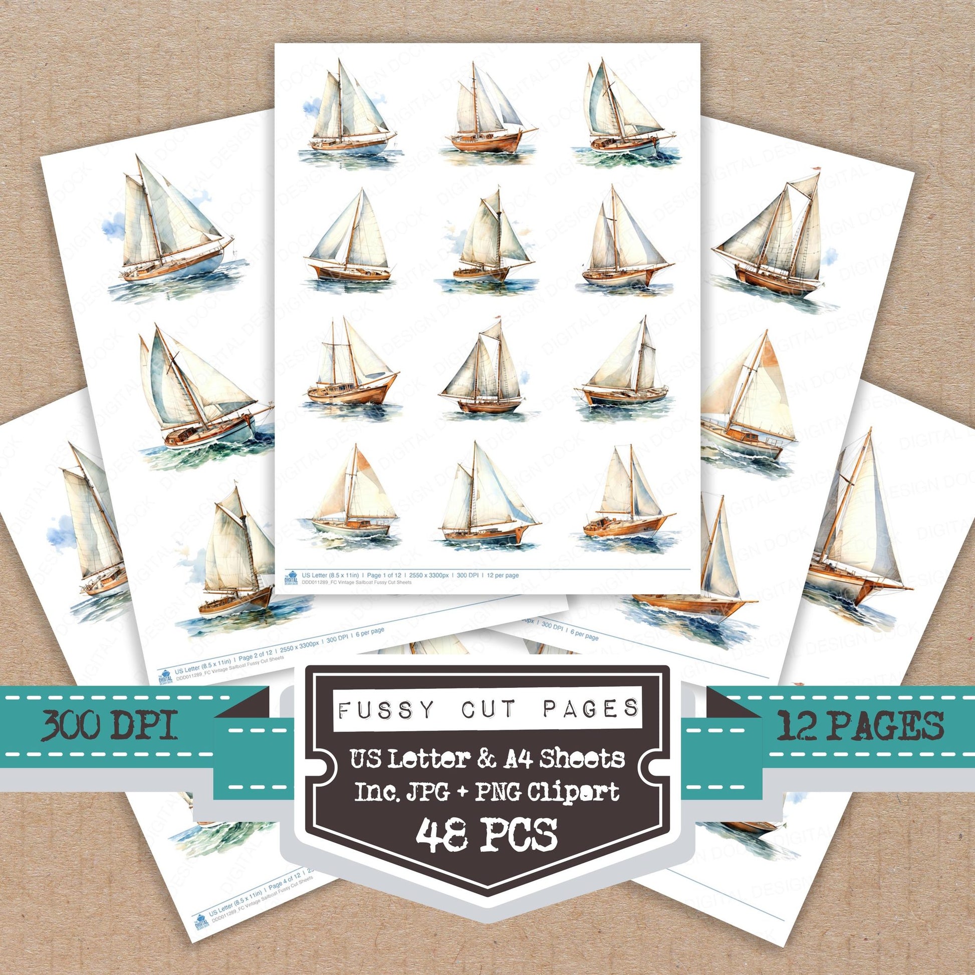 Vintage Sailboat fussy cut printable sheets for junk journaling, scrapbooking, and paper craft projects