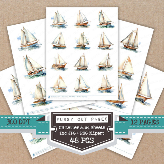 Vintage Sailboat fussy cut printable sheets for junk journaling, scrapbooking, and paper craft projects