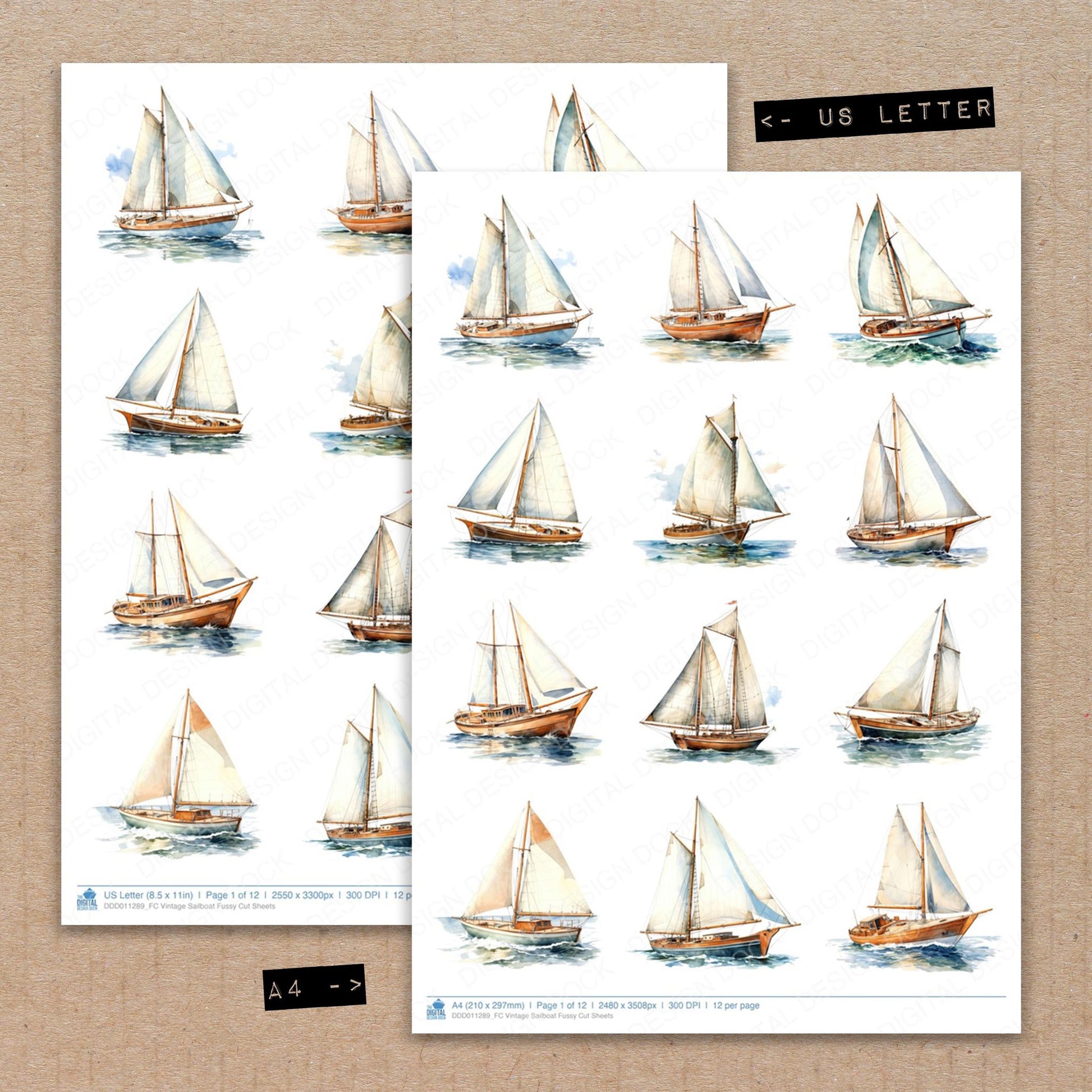 A4 and US Letter format comparison showing Vintage Sailboat fussy cut pages for print and cut crafting