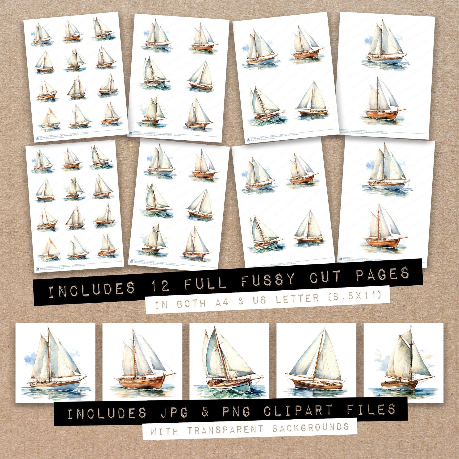 Full collection view of Vintage Sailboat fussy cut sheets with bonus clipart JPG and PNG files
