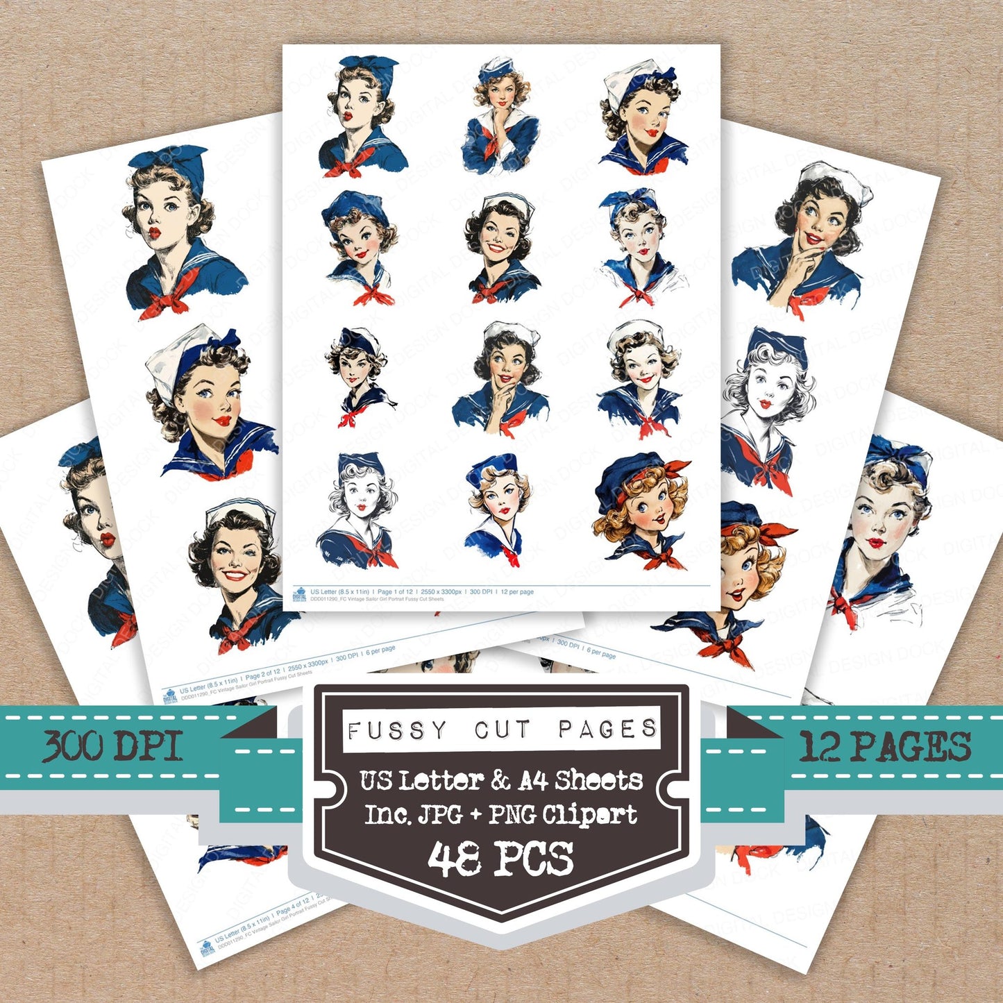 Vintage Sailor Girl Portrait fussy cut printable sheets for junk journaling, scrapbooking, and paper craft projects
