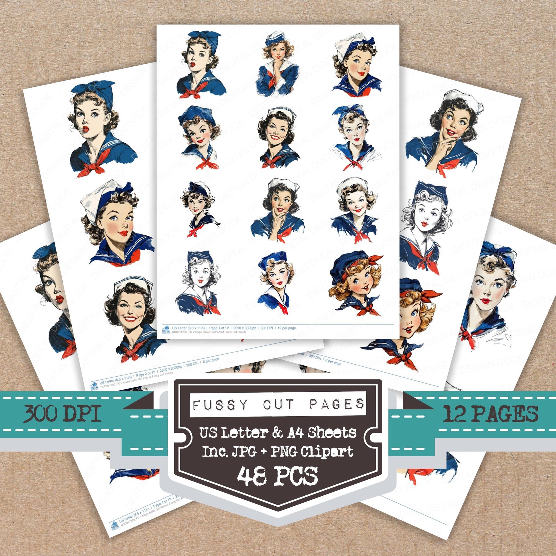 Vintage Sailor Girl Portrait fussy cut printable sheets for junk journaling, scrapbooking, and paper craft projects