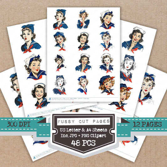 Vintage Sailor Girl Portrait fussy cut printable sheets for junk journaling, scrapbooking, and paper craft projects