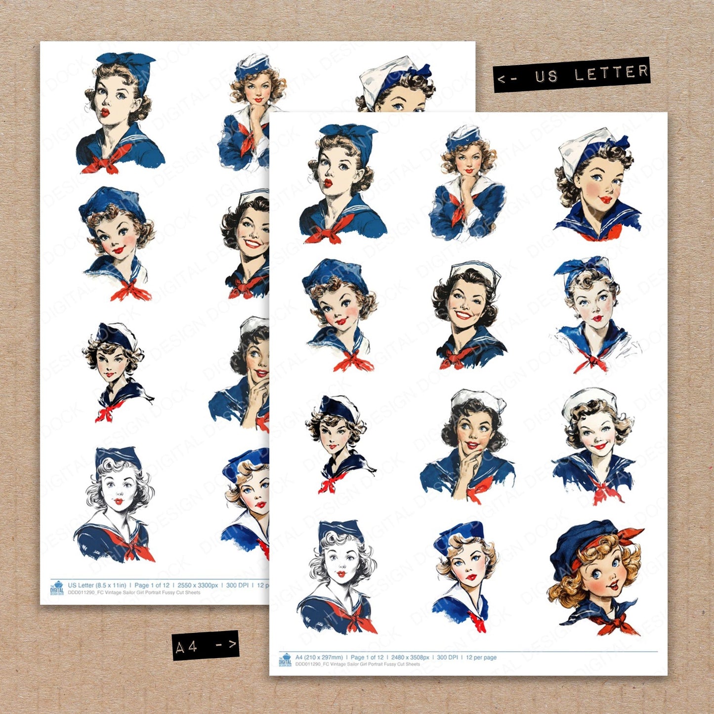 A4 and US Letter format comparison showing Vintage Sailor Girl Portrait fussy cut pages for print and cut crafting