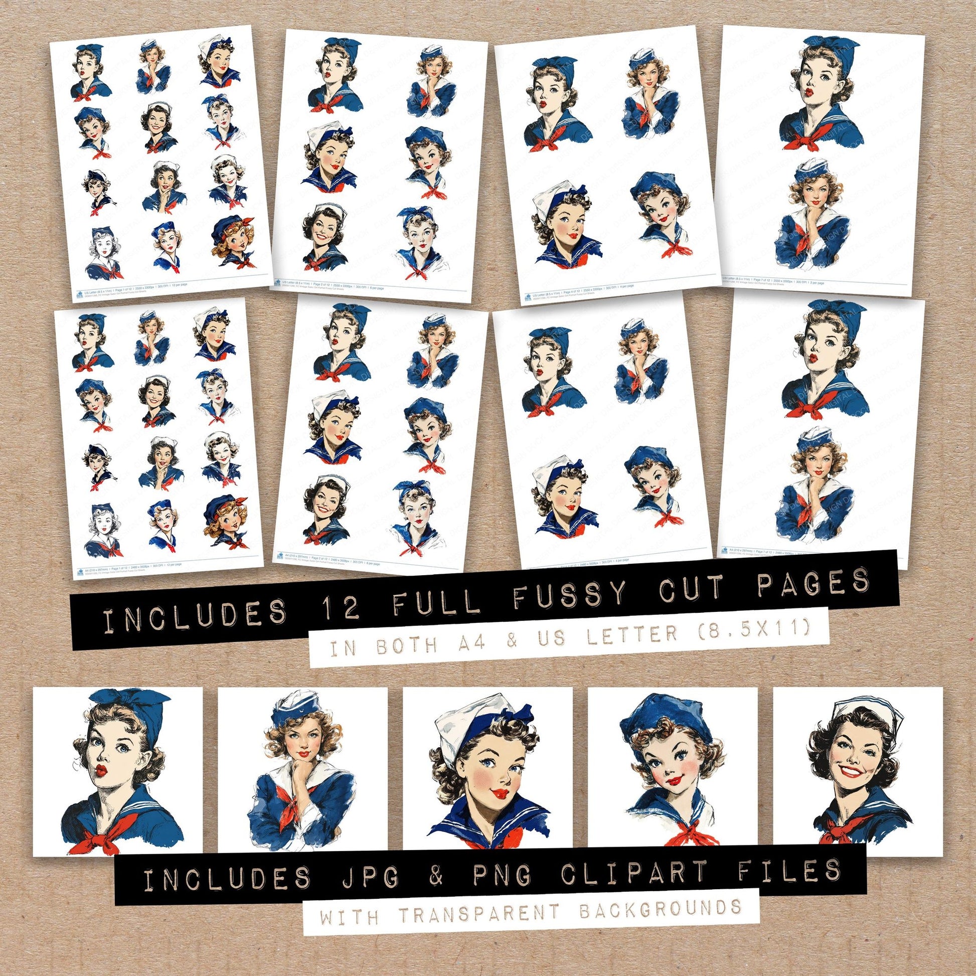 Full collection view of Vintage Sailor Girl Portrait fussy cut sheets with bonus clipart JPG and PNG files