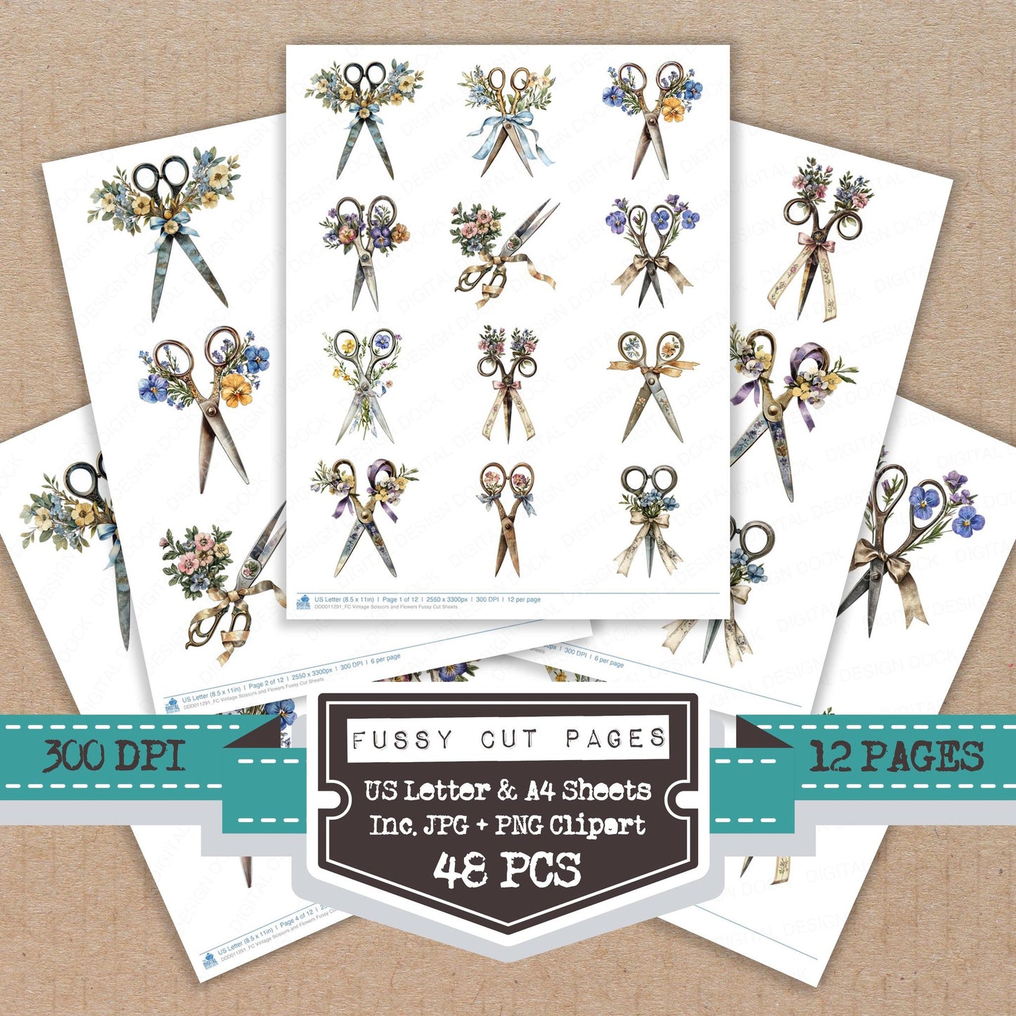 Vintage Scissors and Flowers fussy cut printable sheets for junk journaling, scrapbooking, and paper craft projects