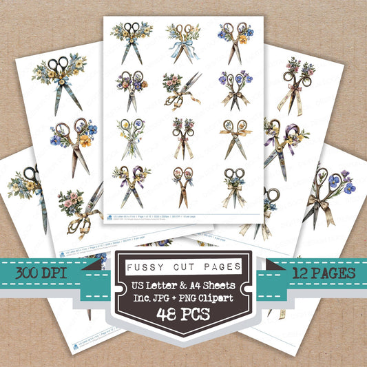 Vintage Scissors and Flowers fussy cut printable sheets for junk journaling, scrapbooking, and paper craft projects
