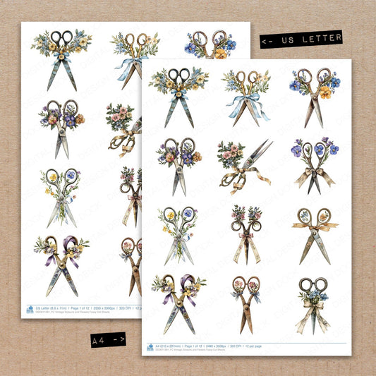 A4 and US Letter format comparison showing Vintage Scissors and Flowers fussy cut pages for print and cut crafting