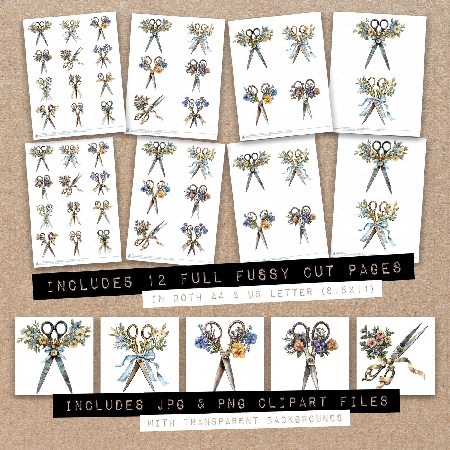 Full collection view of Vintage Scissors and Flowers fussy cut sheets with bonus clipart JPG and PNG files