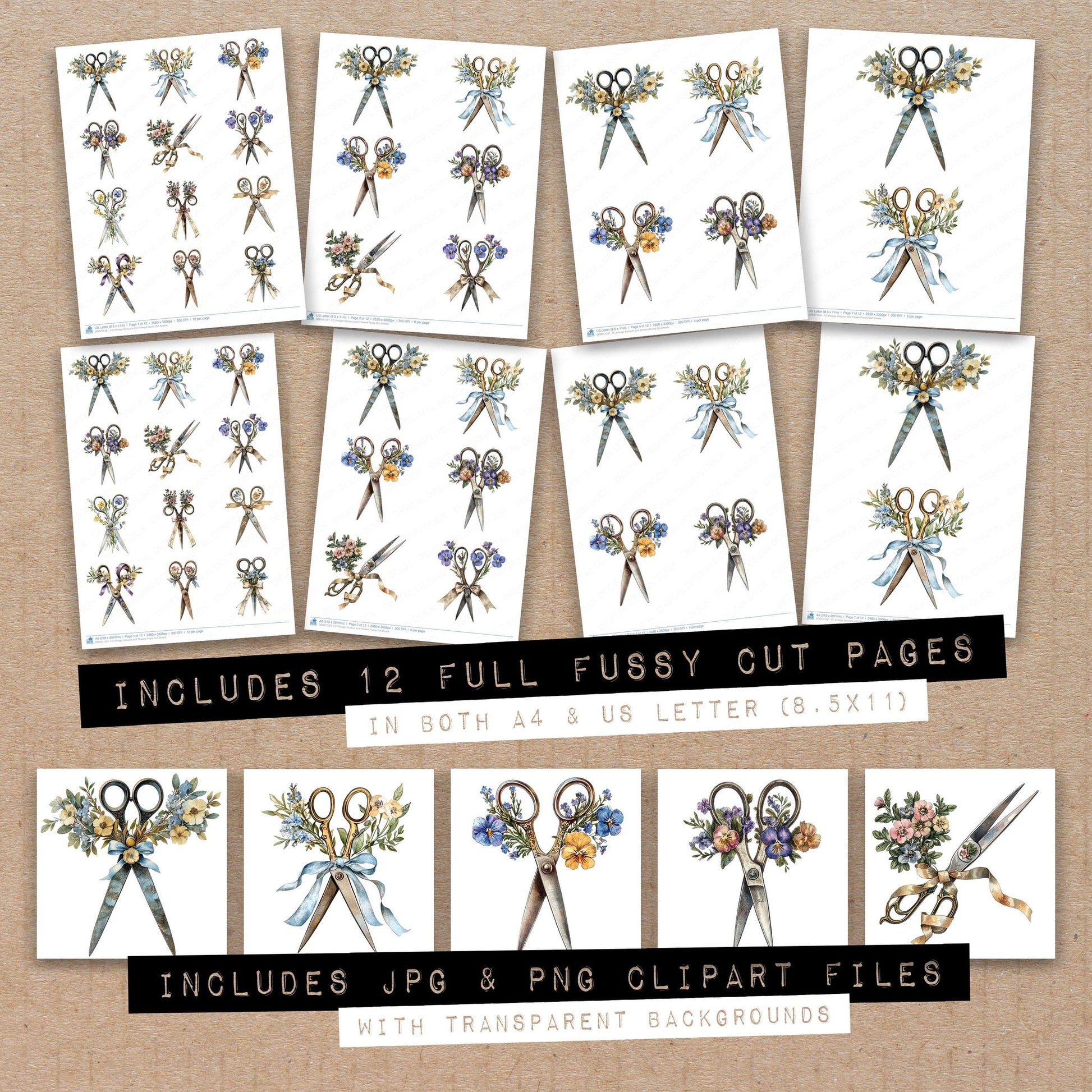 Full collection view of Vintage Scissors and Flowers fussy cut sheets with bonus clipart JPG and PNG files