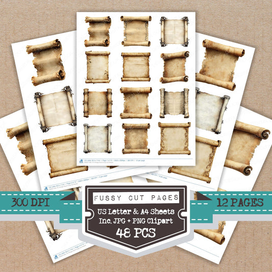 Vintage Scroll fussy cut printable sheets for junk journaling, scrapbooking, and paper craft projects