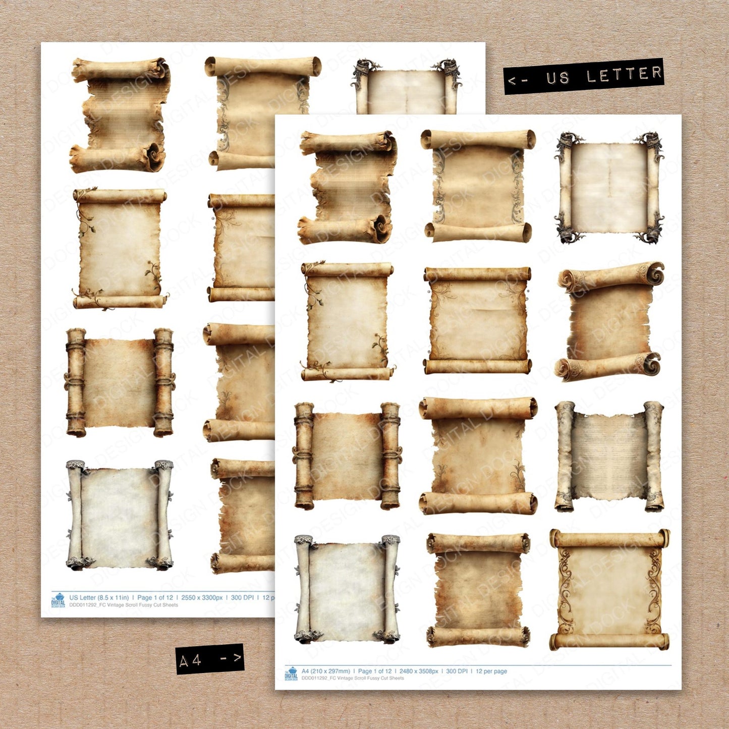 A4 and US Letter format comparison showing Vintage Scroll fussy cut pages for print and cut crafting
