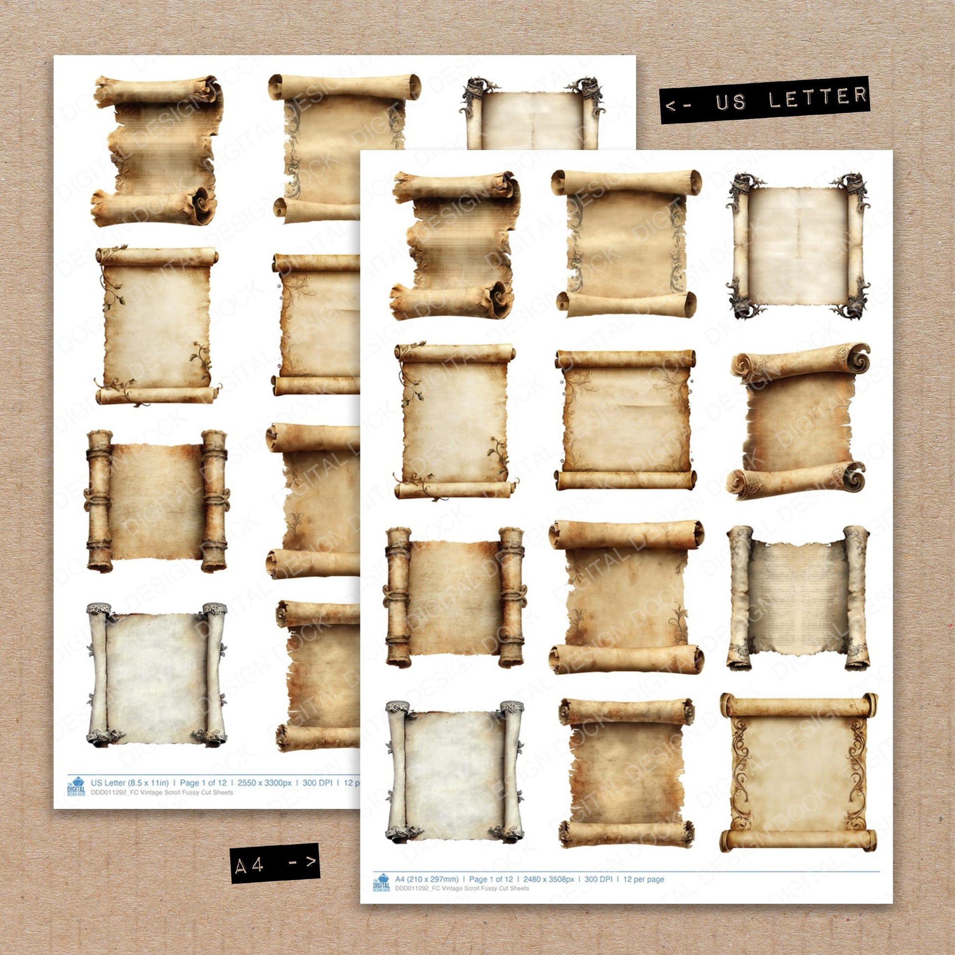 A4 and US Letter format comparison showing Vintage Scroll fussy cut pages for print and cut crafting