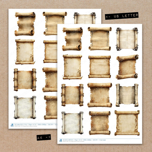 A4 and US Letter format comparison showing Vintage Scroll fussy cut pages for print and cut crafting
