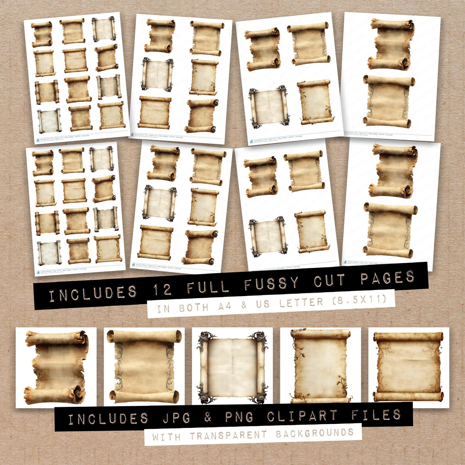 Full collection view of Vintage Scroll fussy cut sheets with bonus clipart JPG and PNG files
