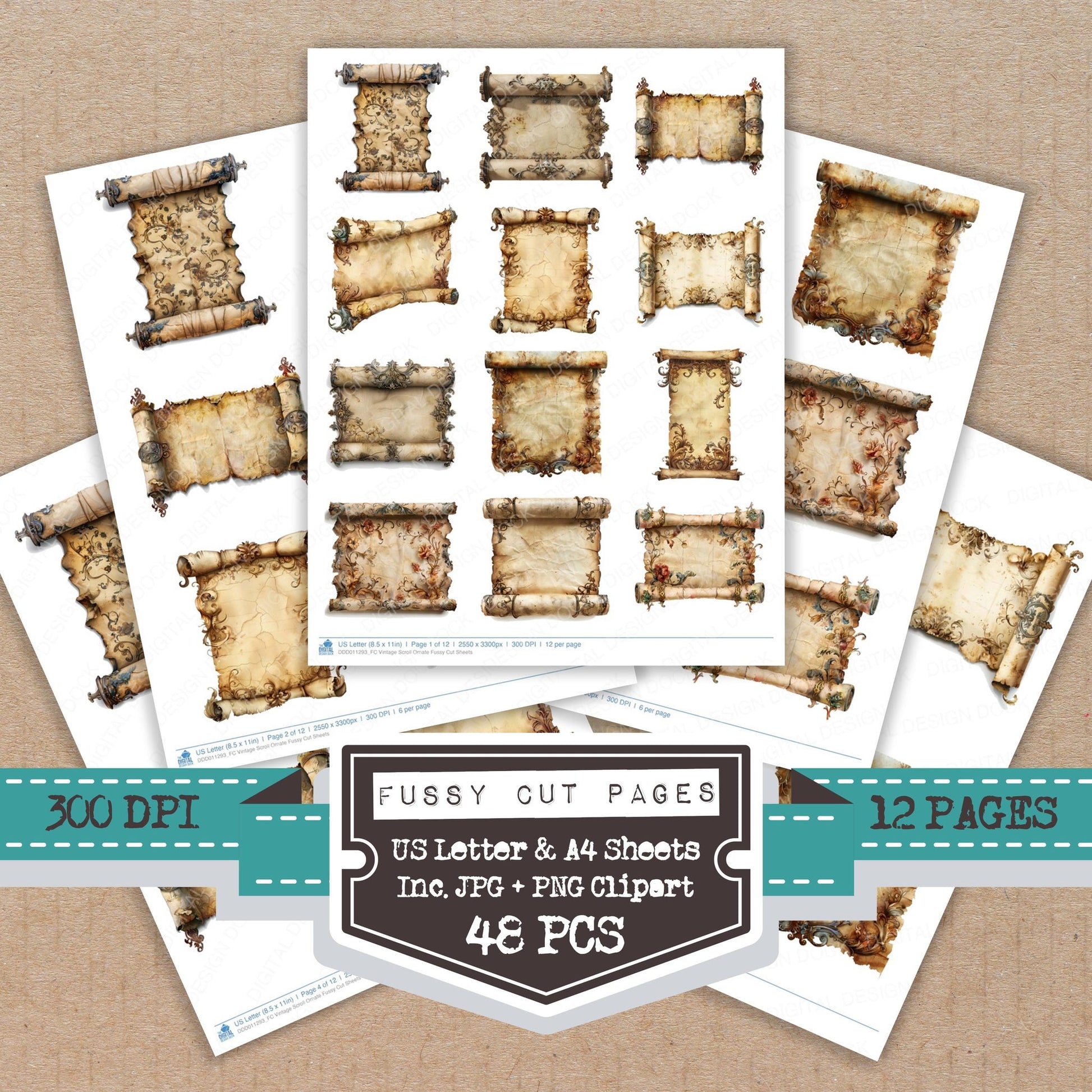 Vintage Scroll Ornate fussy cut printable sheets for junk journaling, scrapbooking, and paper craft projects