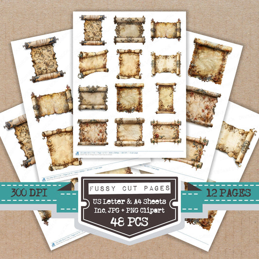 Vintage Scroll Ornate fussy cut printable sheets for junk journaling, scrapbooking, and paper craft projects