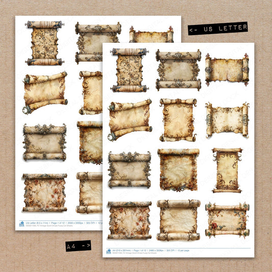A4 and US Letter format comparison showing Vintage Scroll Ornate fussy cut pages for print and cut crafting