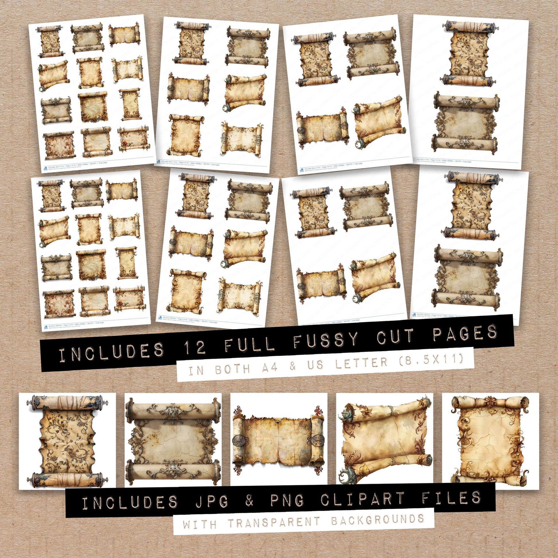 Full collection view of Vintage Scroll Ornate fussy cut sheets with bonus clipart JPG and PNG files