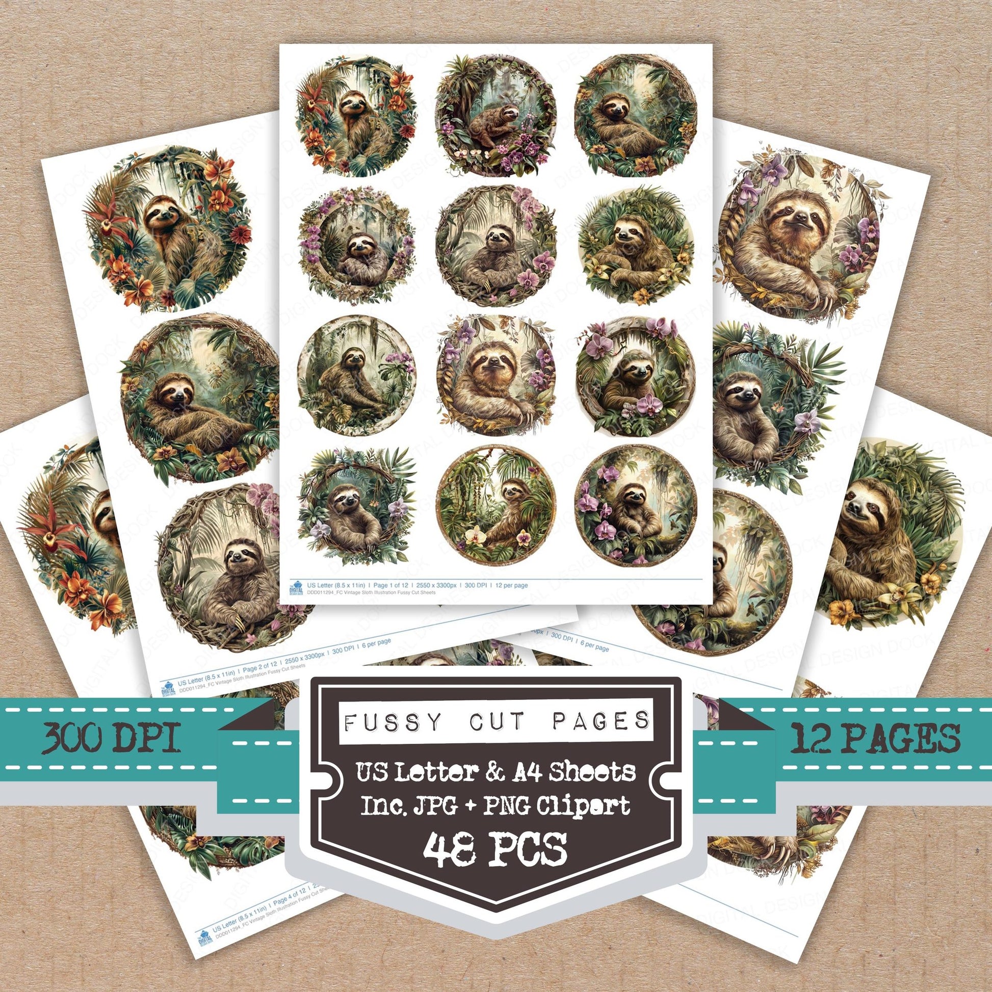 Vintage Sloth Illustration fussy cut printable sheets for junk journaling, scrapbooking, and paper craft projects