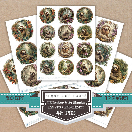 Vintage Sloth Illustration fussy cut printable sheets for junk journaling, scrapbooking, and paper craft projects