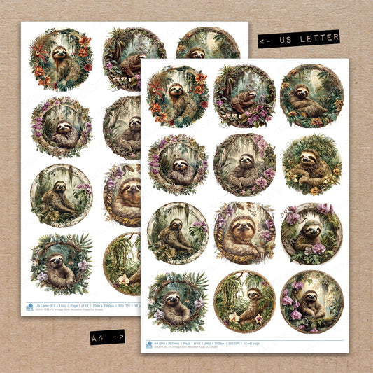 A4 and US Letter format comparison showing Vintage Sloth Illustration fussy cut pages for print and cut crafting