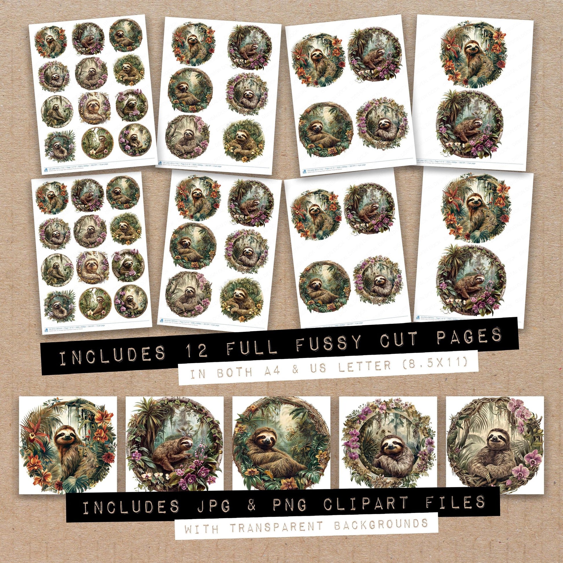 Full collection view of Vintage Sloth Illustration fussy cut sheets with bonus clipart JPG and PNG files