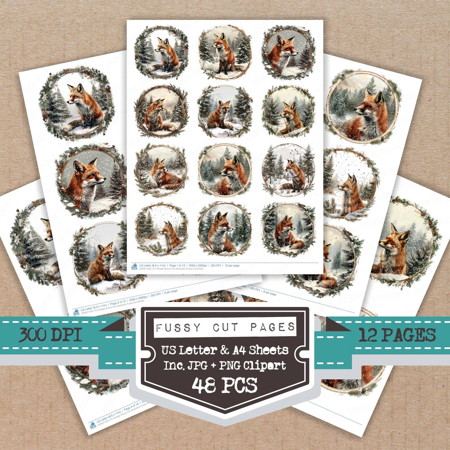 Vintage Snowy Fox Illustration fussy cut printable sheets for junk journaling, scrapbooking, and paper craft projects