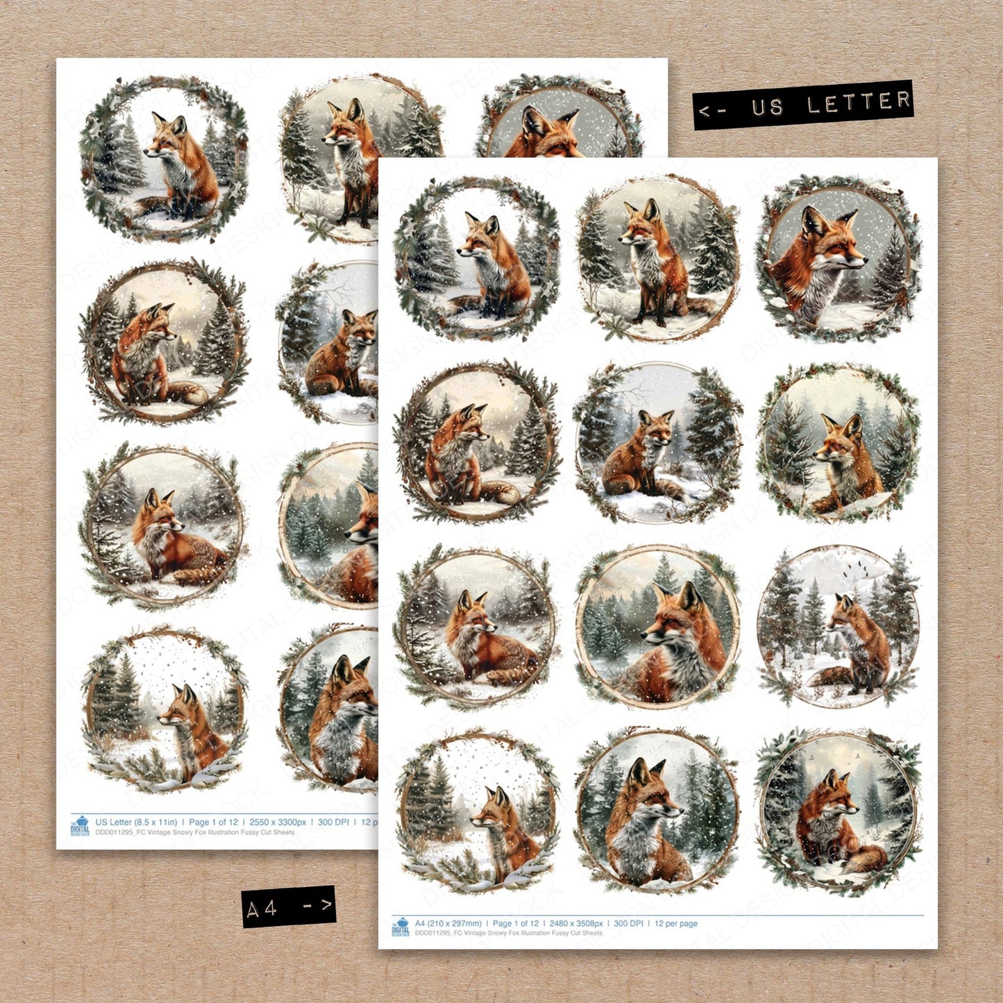 A4 and US Letter format comparison showing Vintage Snowy Fox Illustration fussy cut pages for print and cut crafting