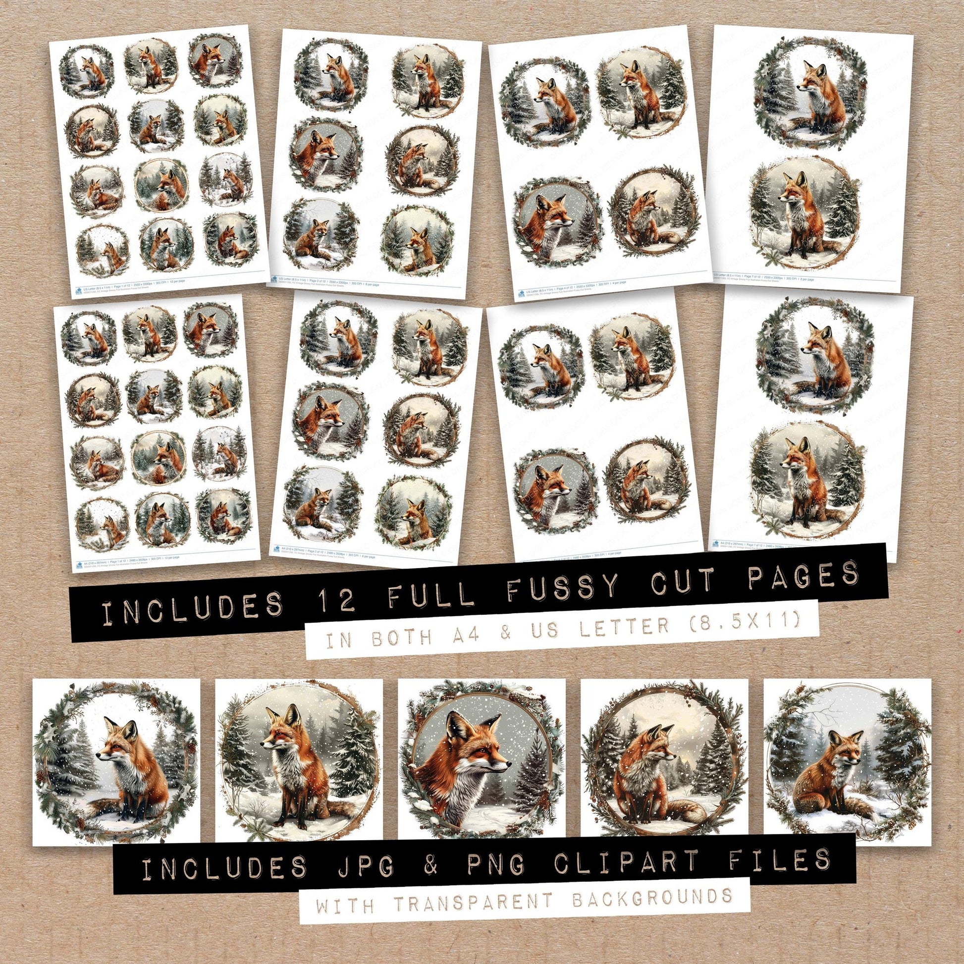 Full collection view of Vintage Snowy Fox Illustration fussy cut sheets with bonus clipart JPG and PNG files
