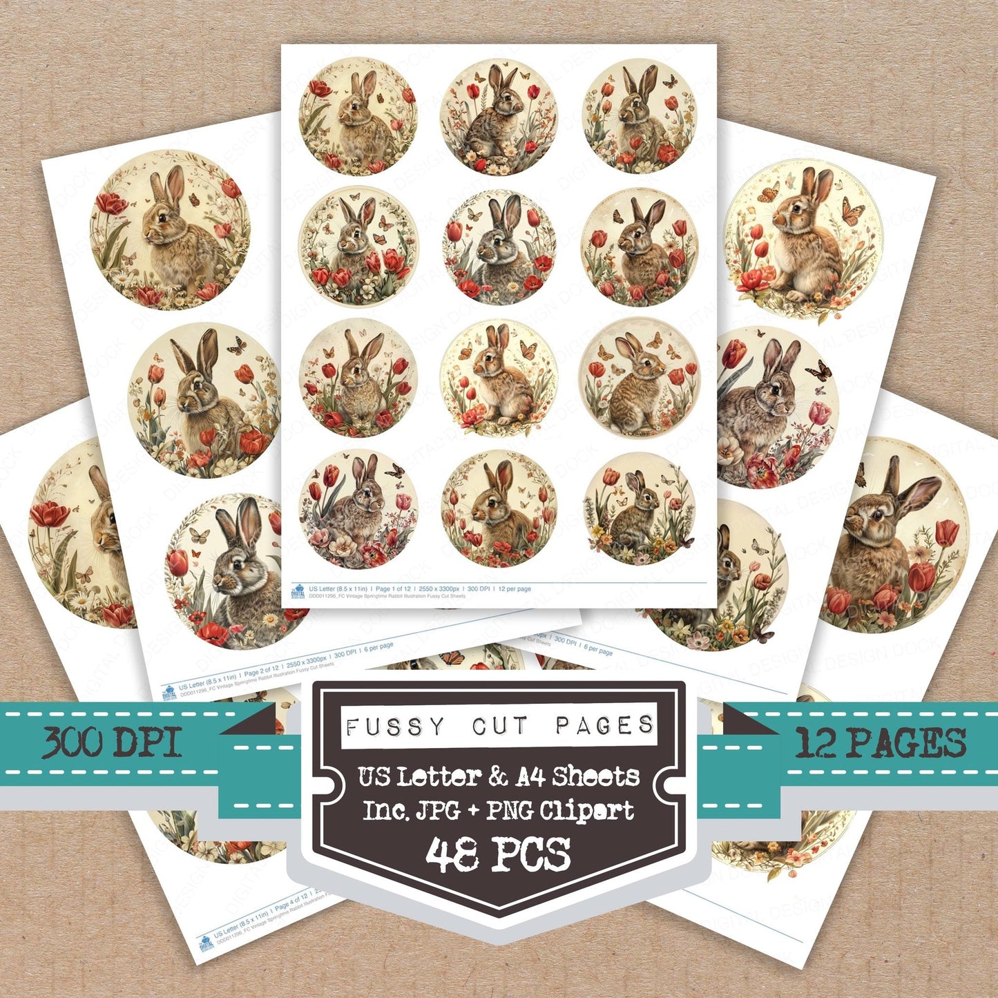 Vintage Springtime Rabbit Illustration Fussy Cut Sheets (DDD011296)