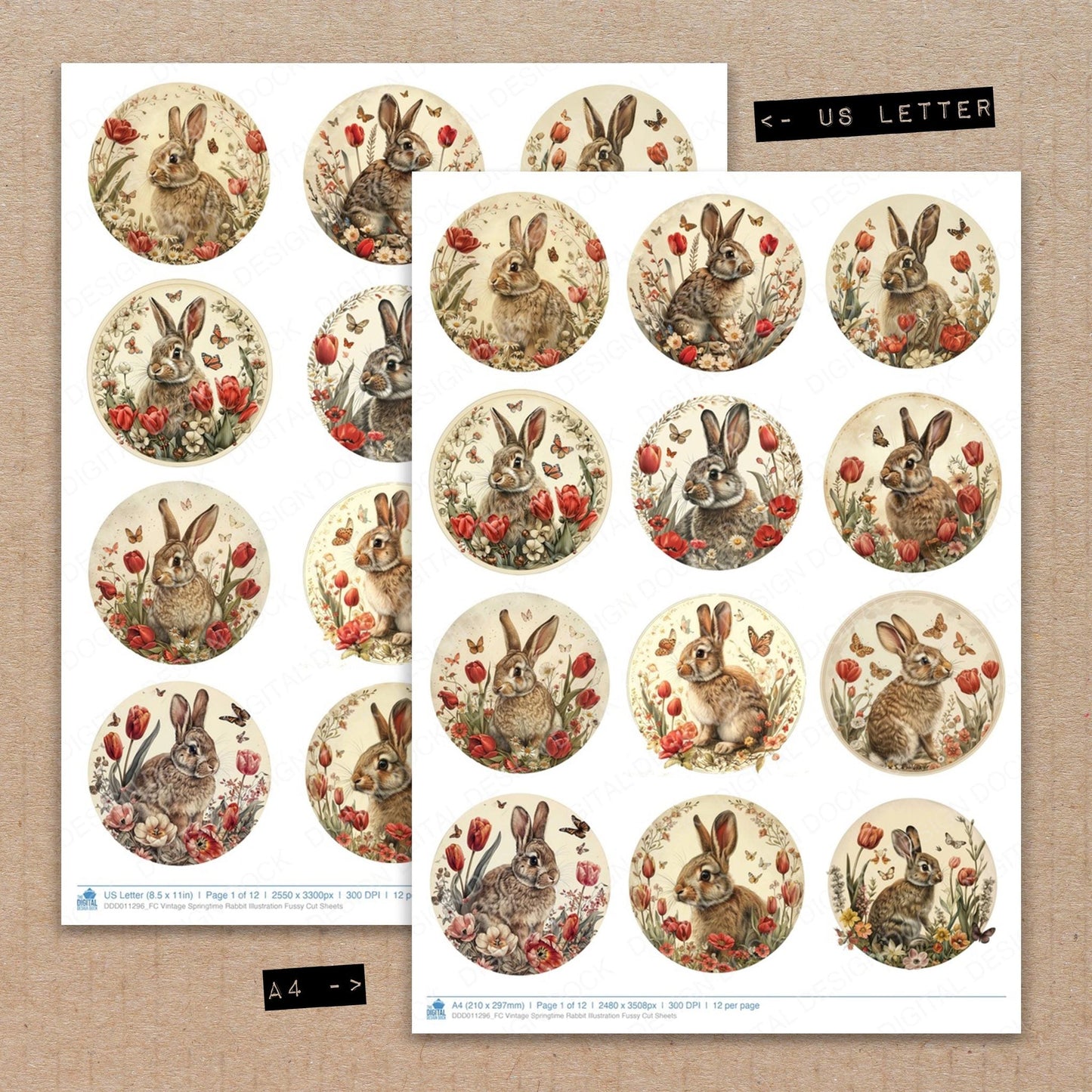 Vintage Springtime Rabbit Illustration Fussy Cut Sheets (DDD011296)