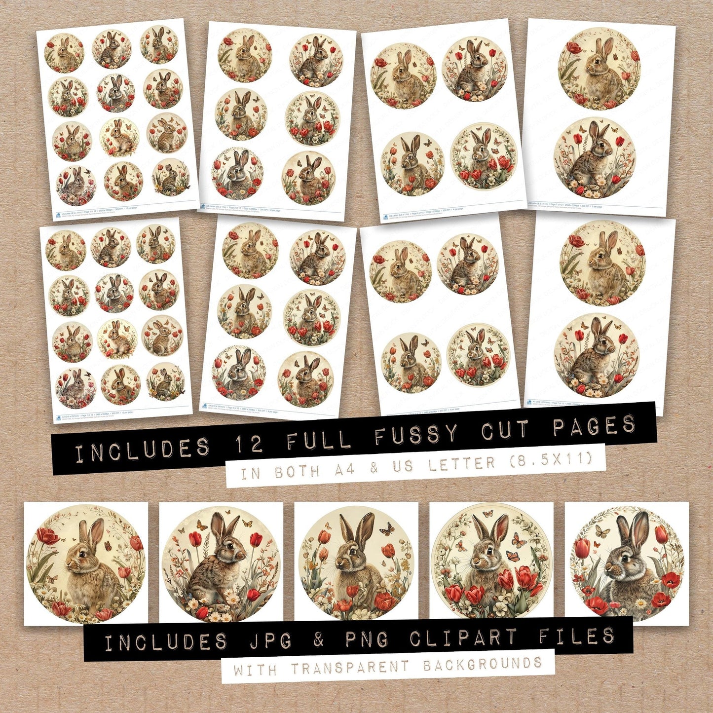 Vintage Springtime Rabbit Illustration Fussy Cut Sheets (DDD011296)