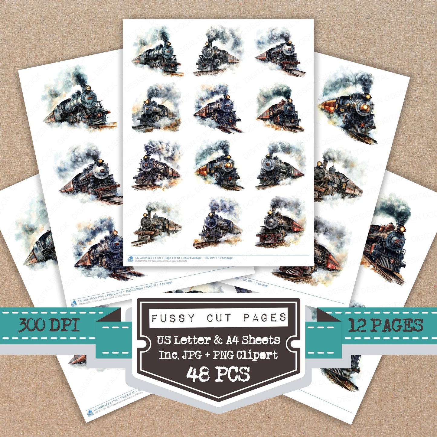 Vintage Steamtrain fussy cut printable sheets for junk journaling, scrapbooking, and paper craft projects