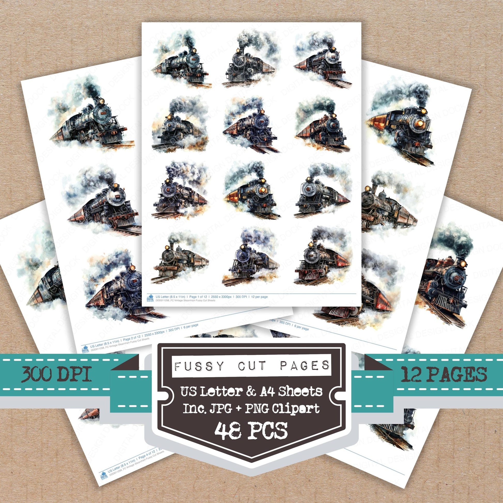 Vintage Steamtrain fussy cut printable sheets for junk journaling, scrapbooking, and paper craft projects