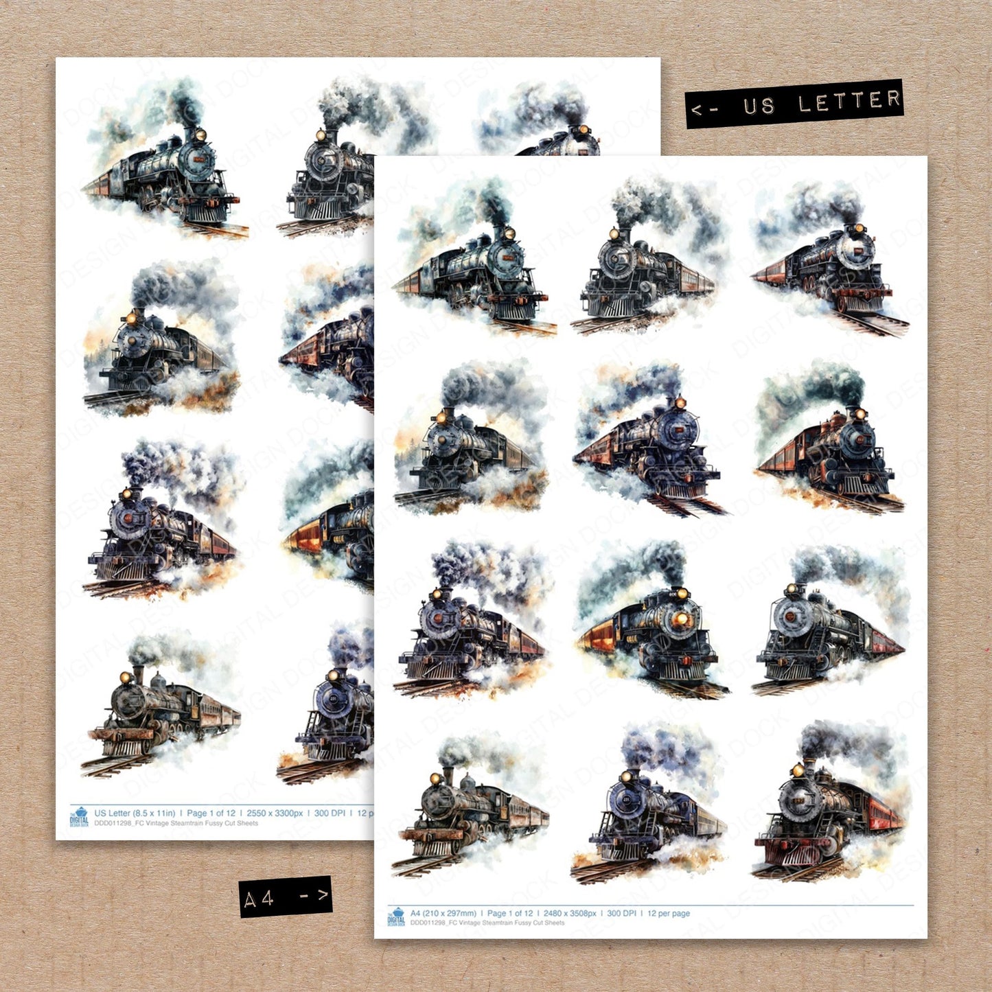 A4 and US Letter format comparison showing Vintage Steamtrain fussy cut pages for print and cut crafting