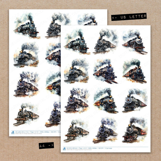 A4 and US Letter format comparison showing Vintage Steamtrain fussy cut pages for print and cut crafting