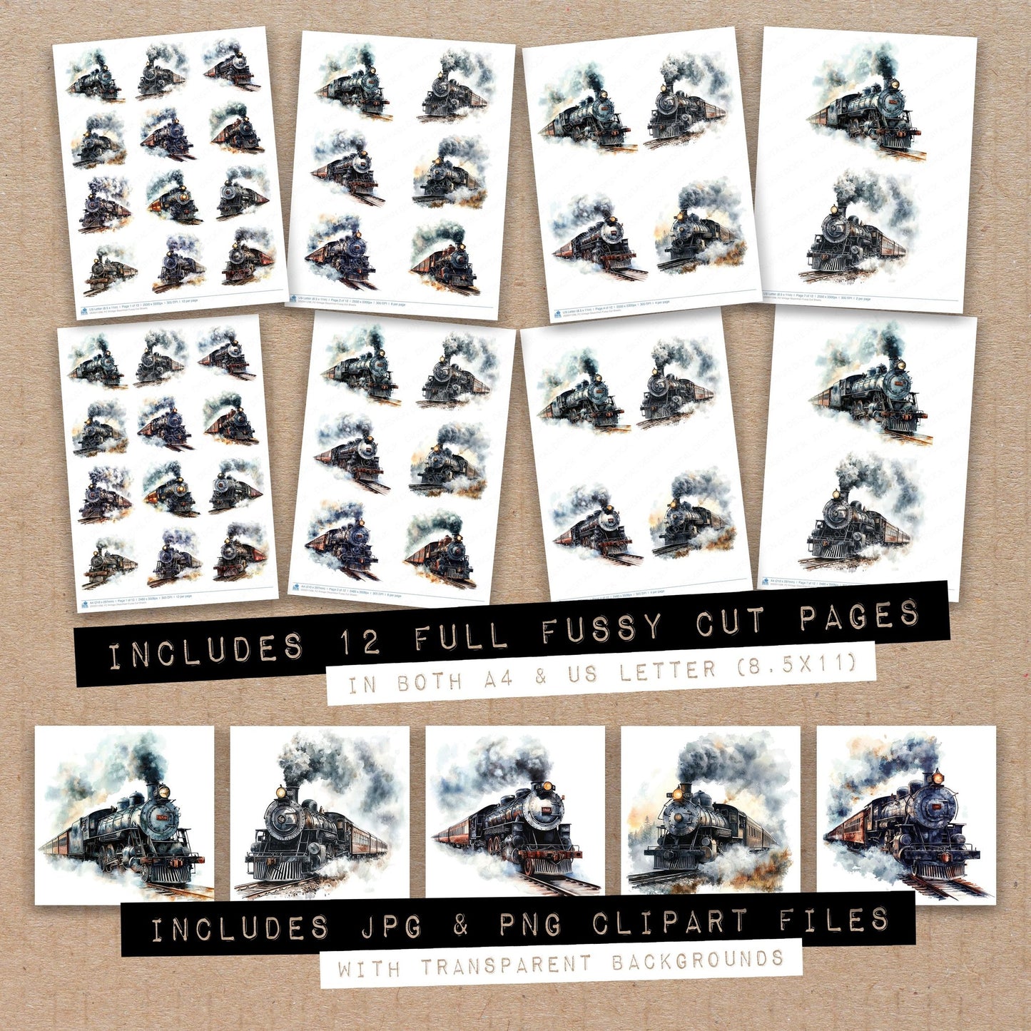 Full collection view of Vintage Steamtrain fussy cut sheets with bonus clipart JPG and PNG files