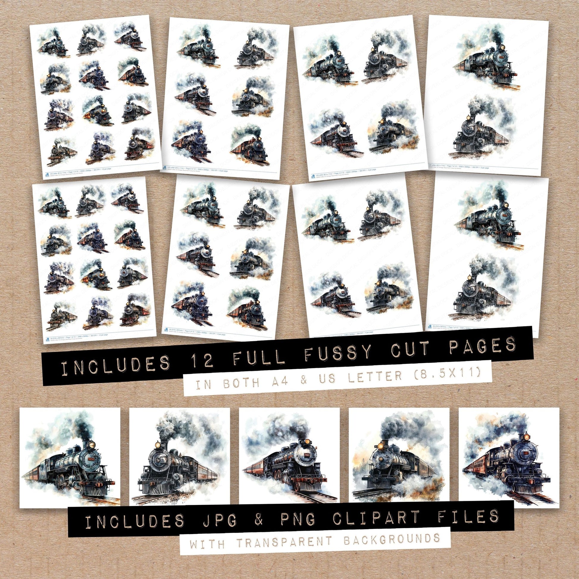 Full collection view of Vintage Steamtrain fussy cut sheets with bonus clipart JPG and PNG files