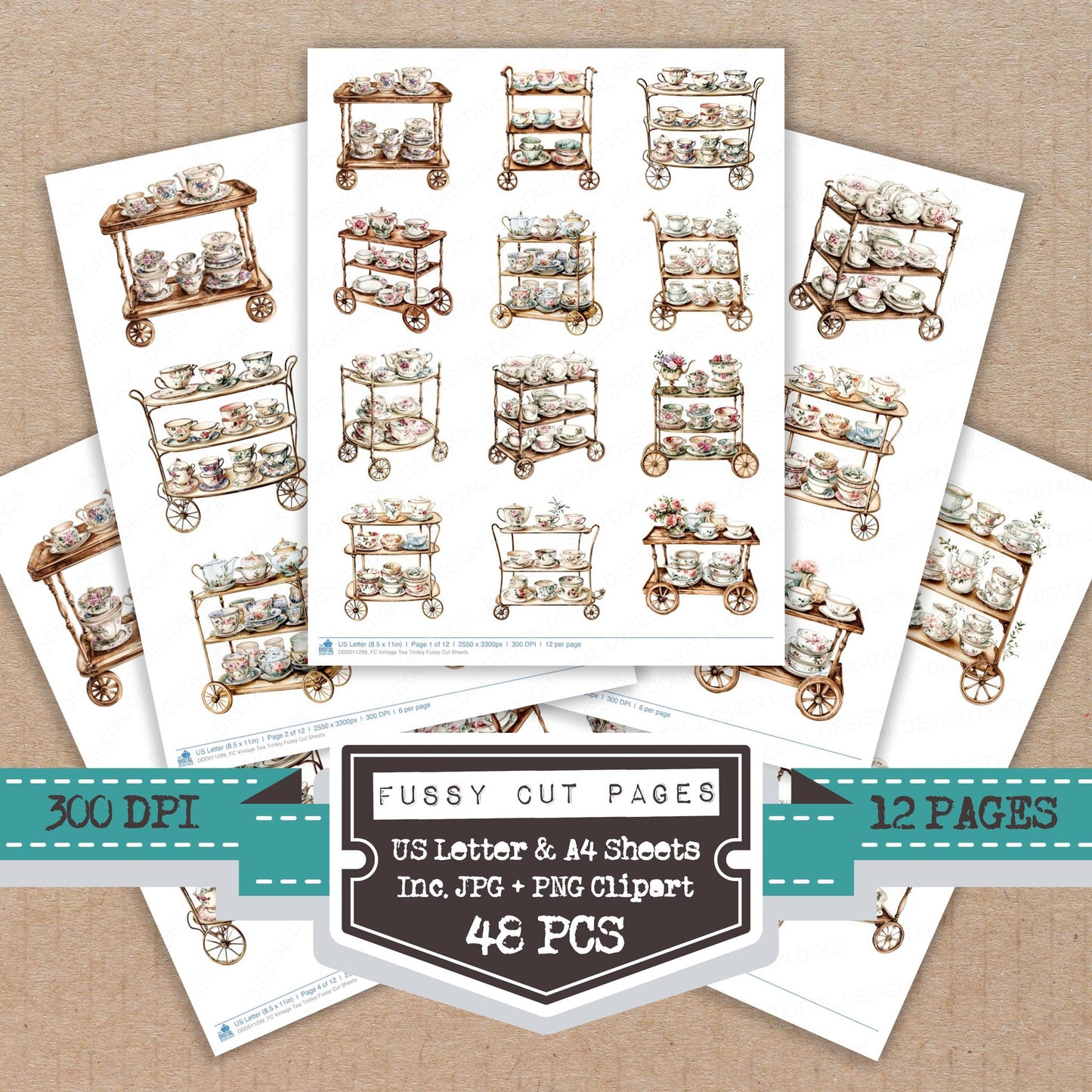 Vintage Tea Trolley fussy cut printable sheets for junk journaling, scrapbooking, and paper craft projects