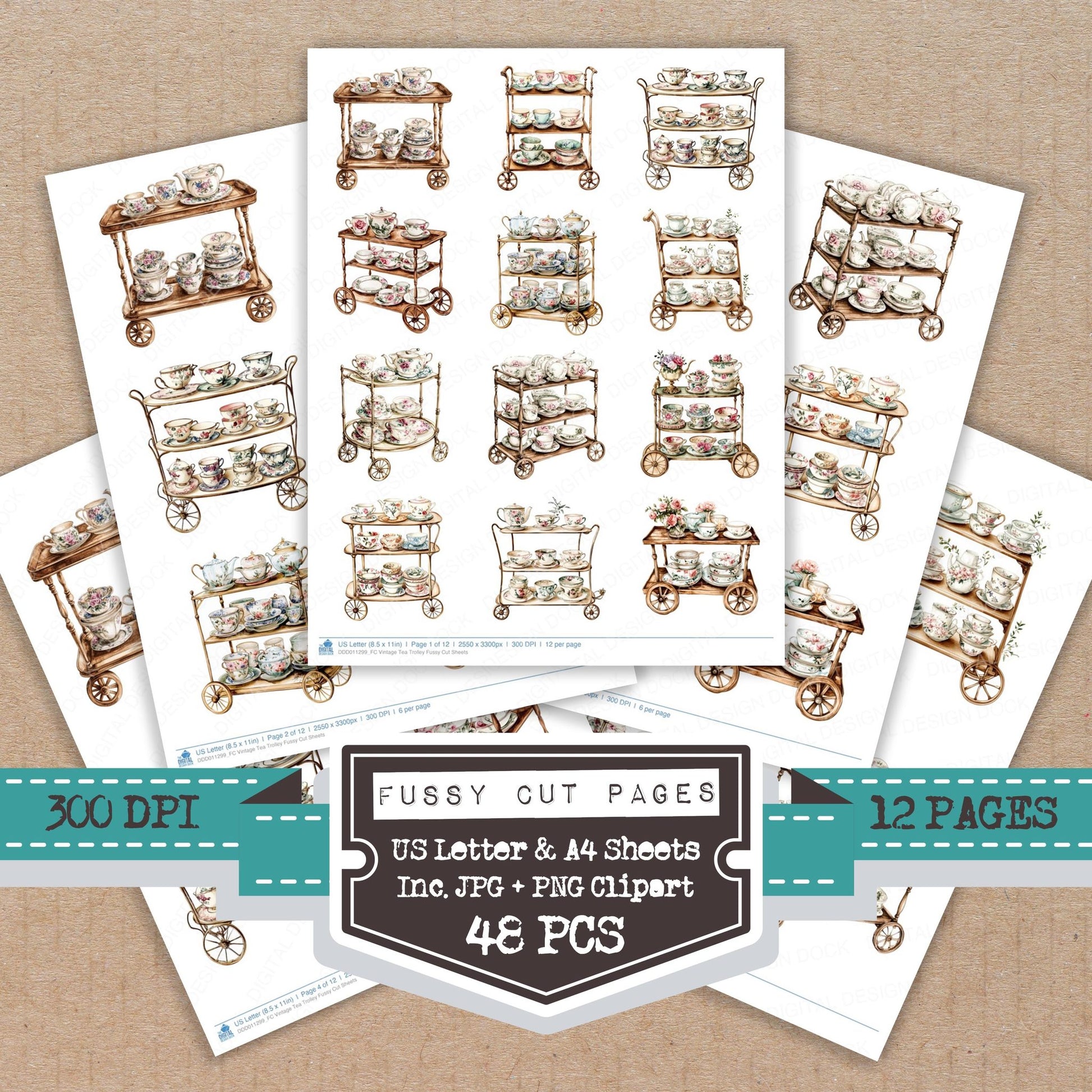 Vintage Tea Trolley fussy cut printable sheets for junk journaling, scrapbooking, and paper craft projects