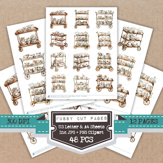 Vintage Tea Trolley fussy cut printable sheets for junk journaling, scrapbooking, and paper craft projects
