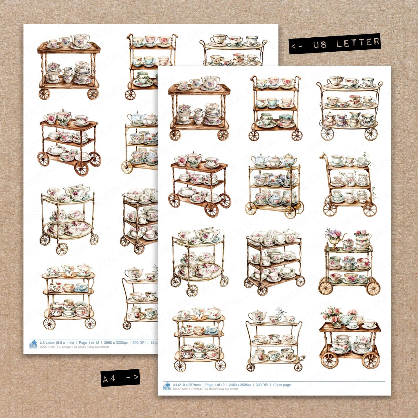 A4 and US Letter format comparison showing Vintage Tea Trolley fussy cut pages for print and cut crafting
