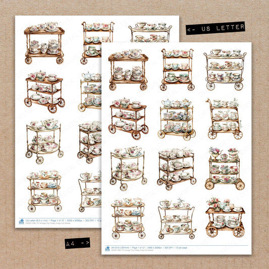 A4 and US Letter format comparison showing Vintage Tea Trolley fussy cut pages for print and cut crafting