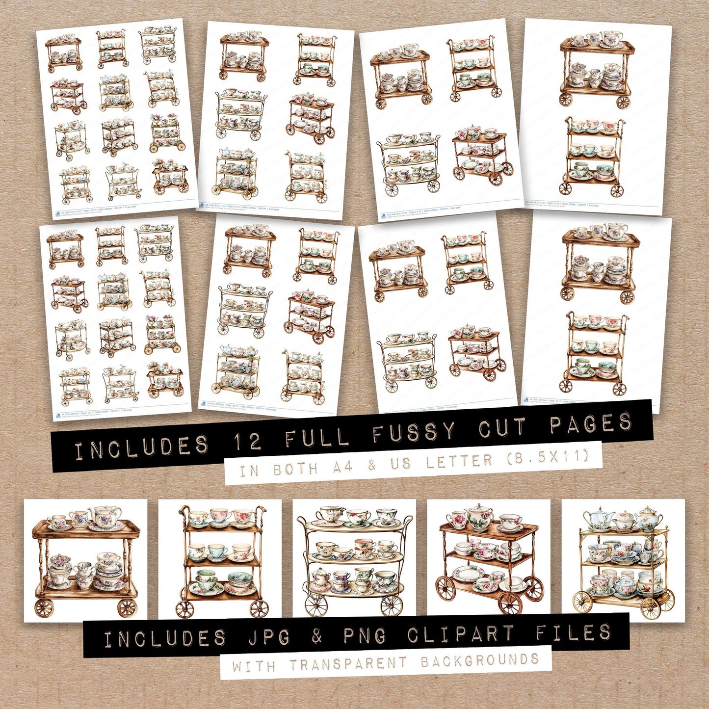 Full collection view of Vintage Tea Trolley fussy cut sheets with bonus clipart JPG and PNG files