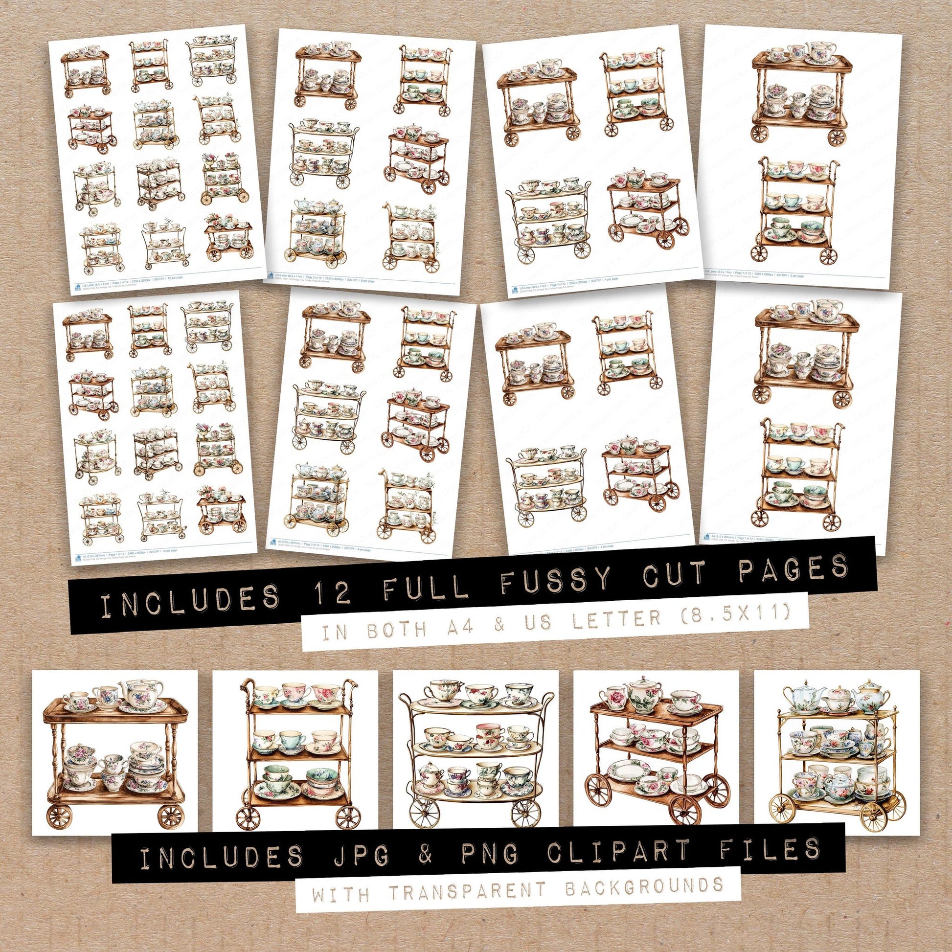 Full collection view of Vintage Tea Trolley fussy cut sheets with bonus clipart JPG and PNG files
