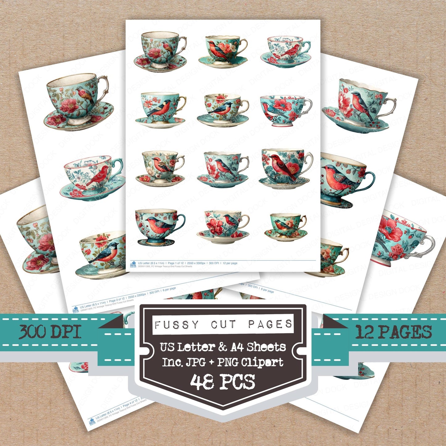Vintage Teacup Bird fussy cut printable sheets for junk journaling, scrapbooking, and paper craft projects